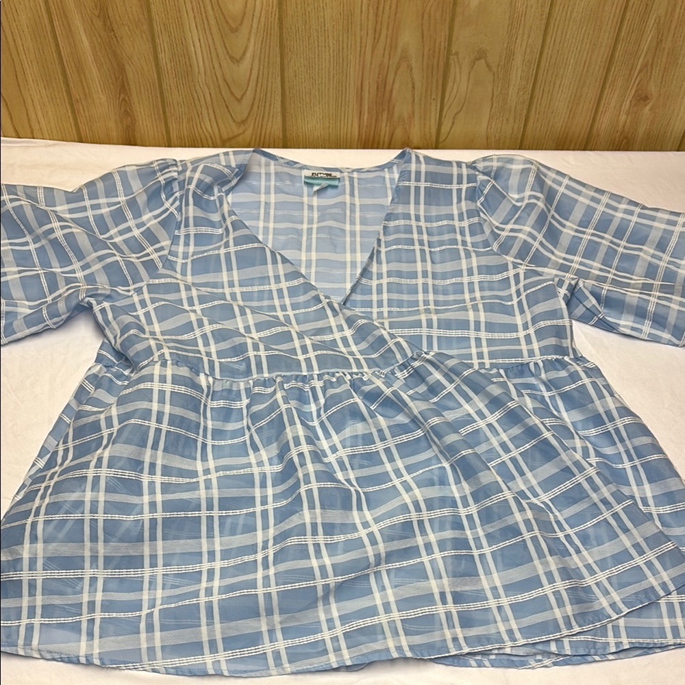 Blue Plaid V-Neck Blouse - Picture 4 of 6